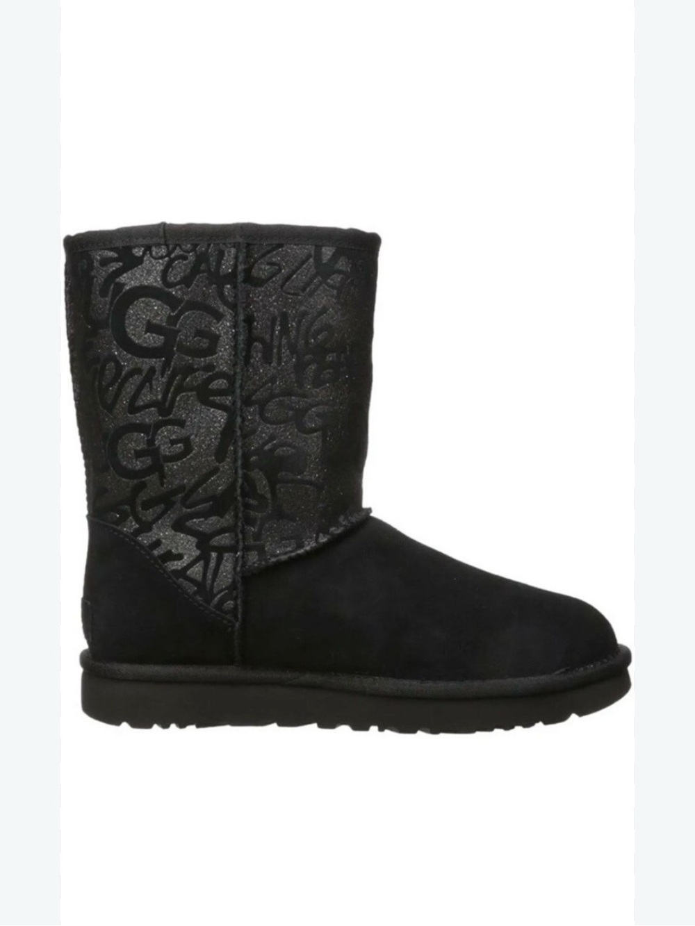 UGG Classic Short Sparkle Graffiti Boots Women 10 Black Suede Sheepskin Glam